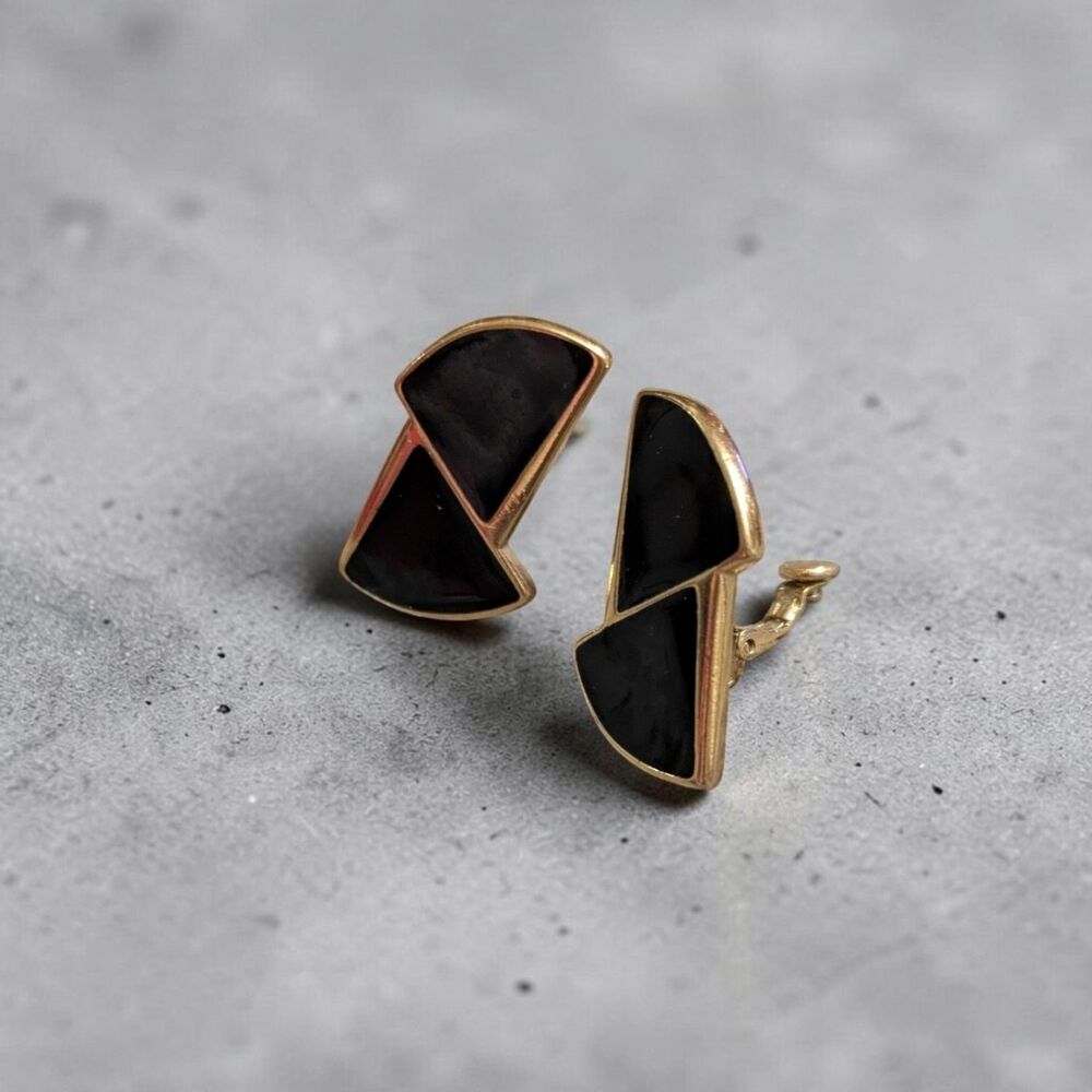 Black Gold Tone Geometric Clip On Earrings Abstract Retro Art Deco Statement